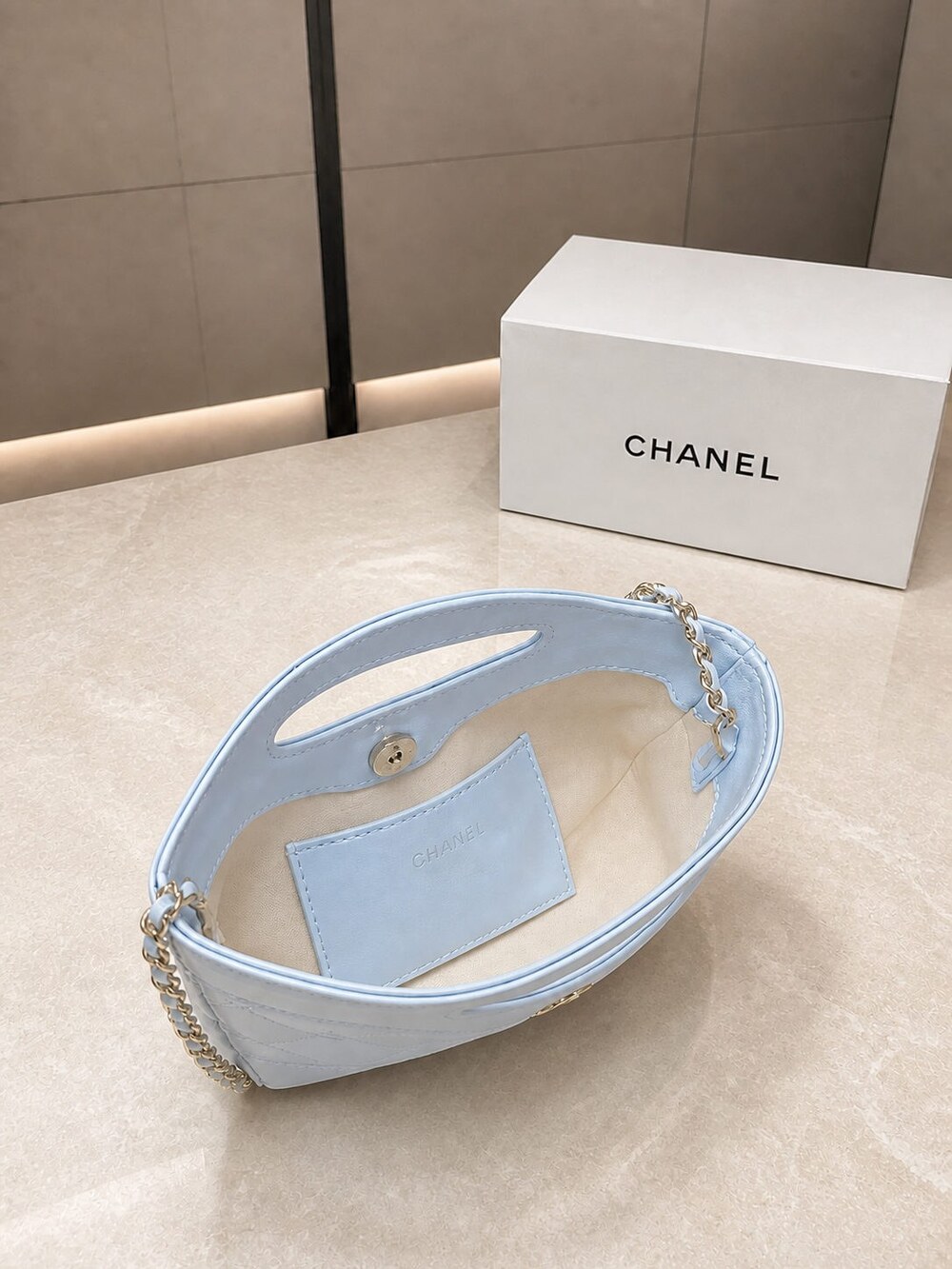 Chanel Nano Handbag in Light Blue Lambskin with Gold Tone Hardware - Picture 3 of 10